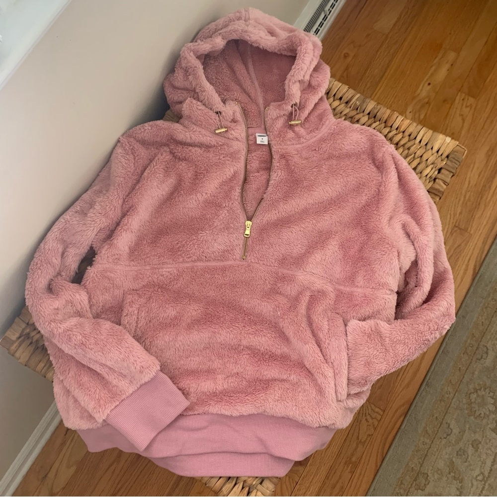 Old Navy Pink Fluffy Pullover Quarter Zip with Hood and Gold Accents